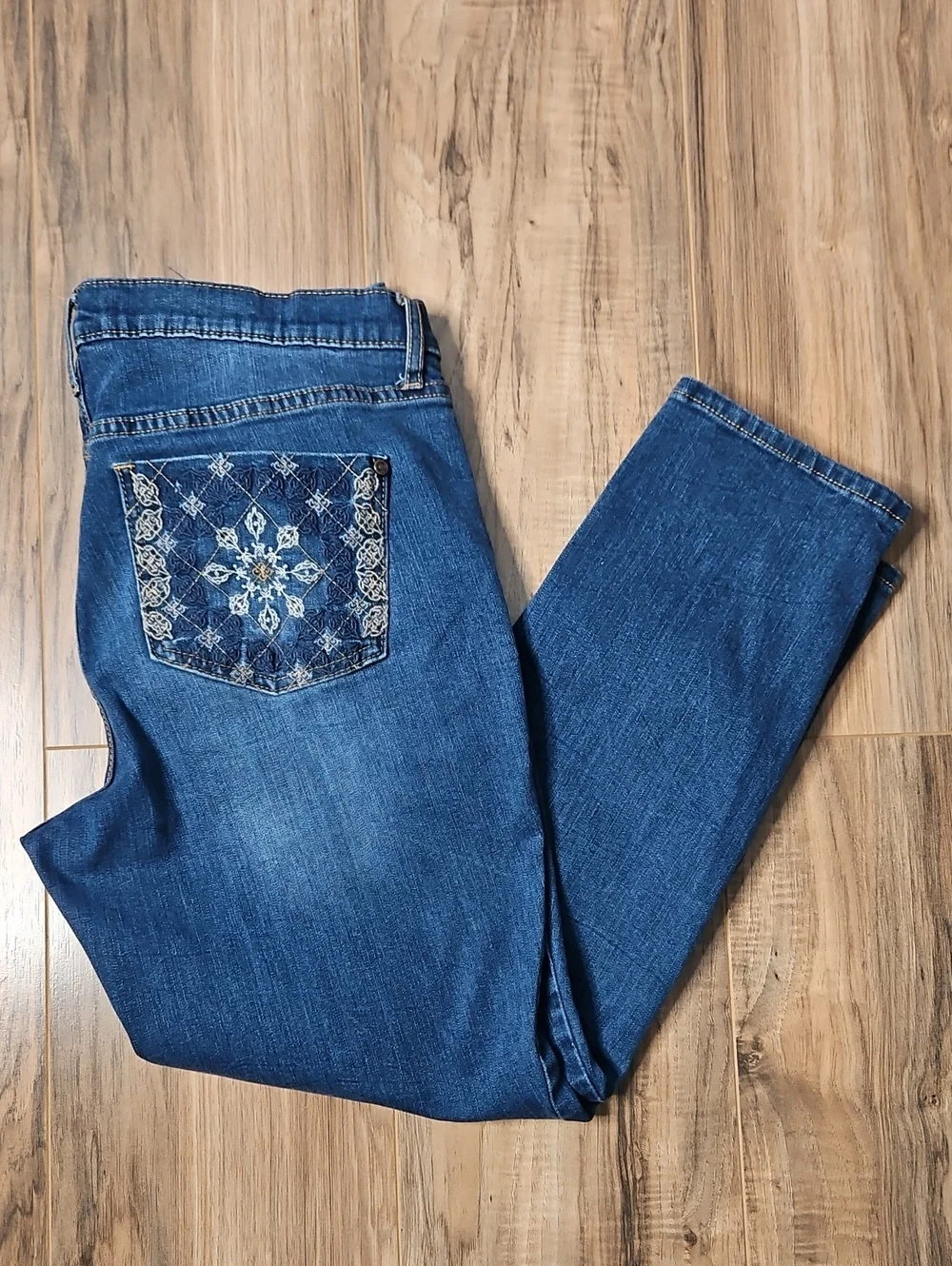 Code Blue Crop Women's Blue Embroidered Back-Pocket Jeans 12 Petite
